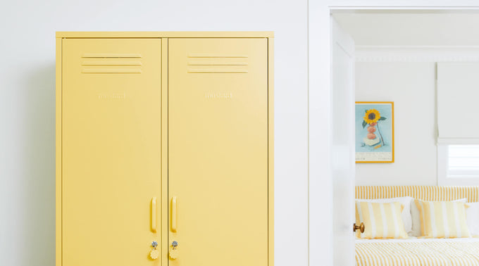 Mustard Made and their collection of multi-coloured lockers, coming in a rang of shapes and sizes, as stocked by and available to shop through Life Interiors
