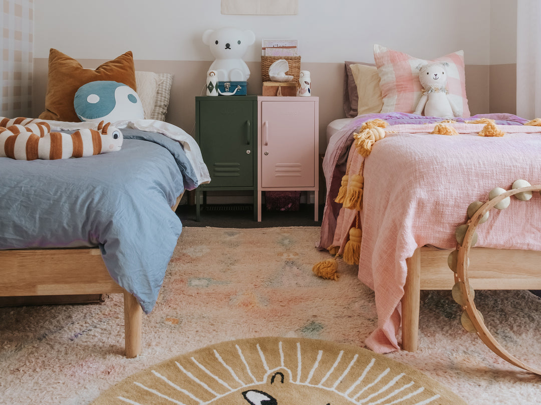 Our Delta Marble Rattan Bedsides and Luna Single Bed Frames as styled by Raffaela Sofia in her master bedroom and kids bedroom, shop in-store or online now!