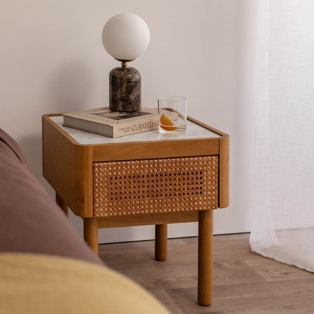 Norah Marble Rattan Bedside Table