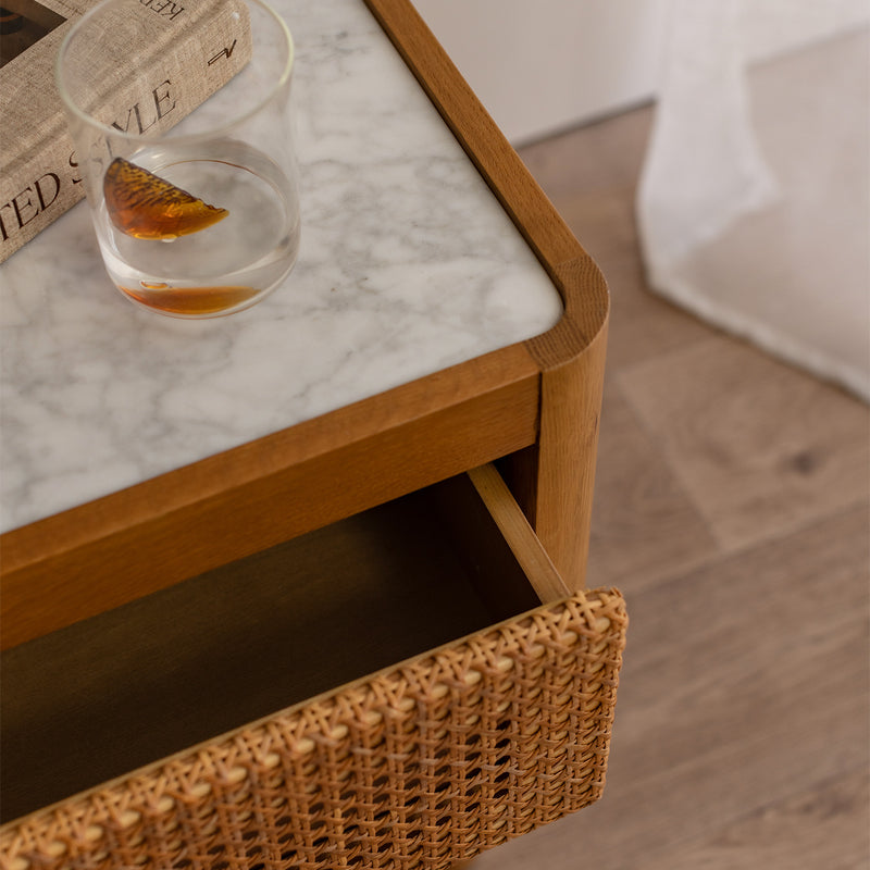 Norah Marble Rattan Bedside Table