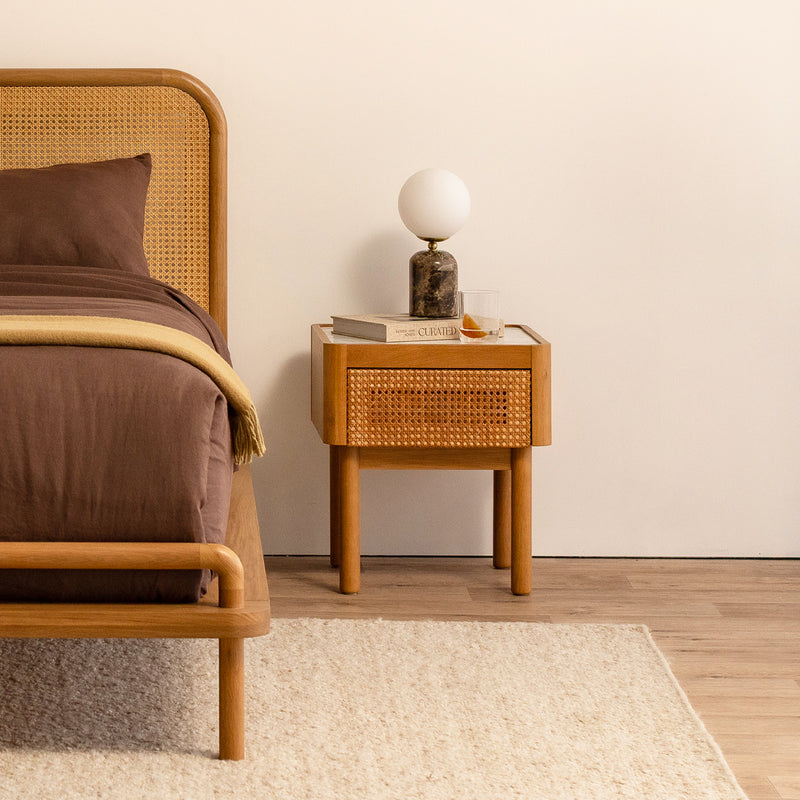 Norah Marble Rattan Bedside Table