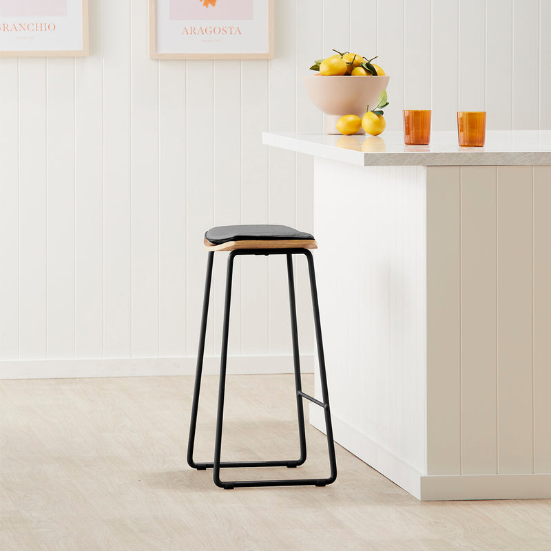 Hendrix Backless Bar Stool (Oak, Black Leather)