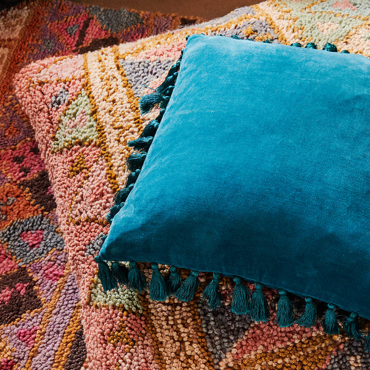 Adriatic Blue Velvet Tassel Cushion