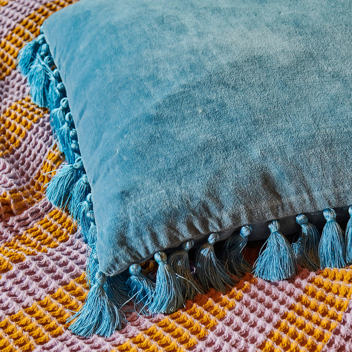 Adriatic Blue Velvet Tassel Cushion